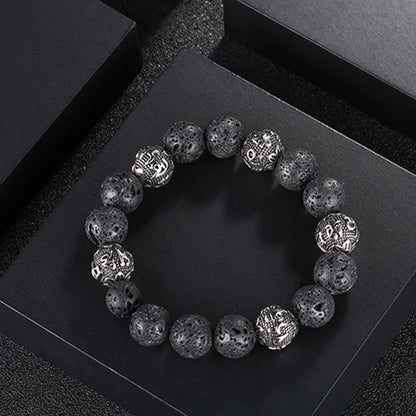 Buddhist Blessing Natural Lava Rock Tiger Eye Titanium Steel Six-True-Words Om Mani Padme Hum Healing Bracelet