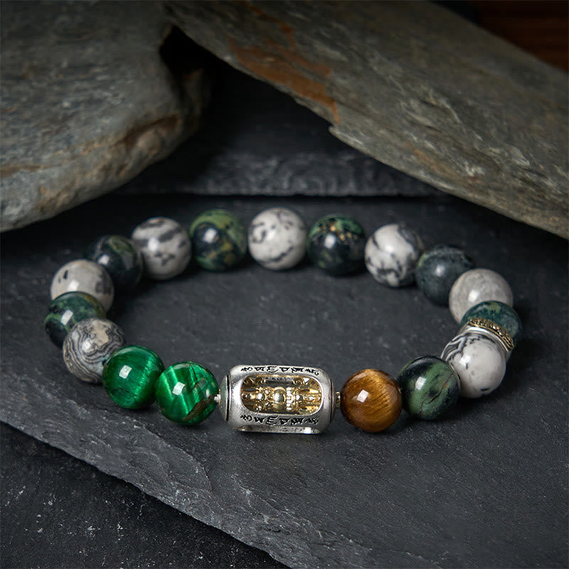Buddhist Blessing Natural Grey Jasper Kambamba Jasper Tiger Eye Om Mani Padme Hum Protection Bracelet