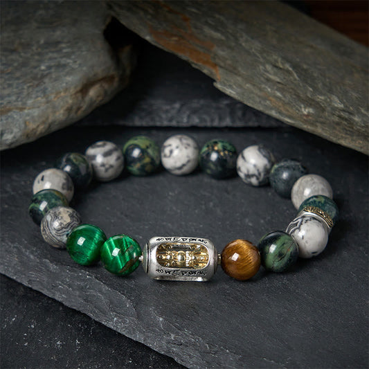 Buddhist Blessing Natural Grey Jasper Kambamba Jasper Tiger Eye Om Mani Padme Hum Protection Bracelet