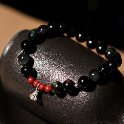 Buddhist Blessing Natural Black Obsidian Cinnabar Lotus Charm Strength Fulfillment Bracelet