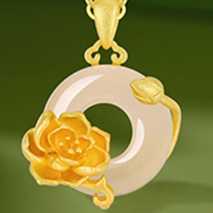 Buddhist Blessing Chalcedony 925 Sterling Silver Peace Buckle Flowers Necklace Pendant