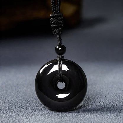 Buddhist Blessing Natural Black Obsidian Peace Buckle Strength Rope Necklace Pendant