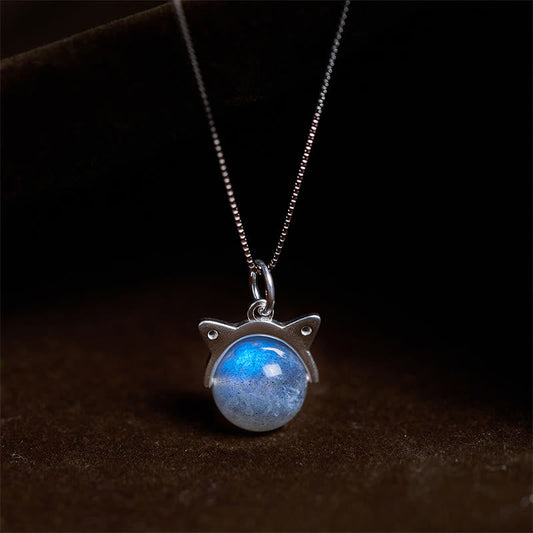 Buddhist Blessing 925 Sterling Silver Moonstone Cat Healing Necklace Pendant
