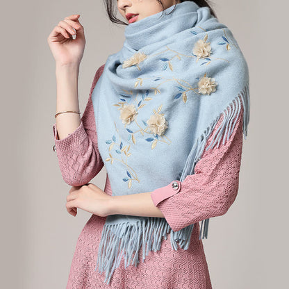 Buddhist Blessing Wool Shawl 3D Floral Embroidery Tassel Winter Cozy Travel Scarf Wrap