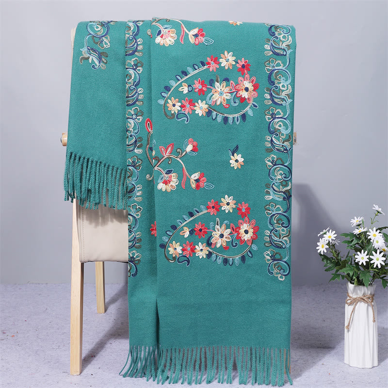 Buddhist Blessing Polyester Shawl Colorful Flower Ethnic Style Embroidery Tassel Winter Cozy Travel Scarf Wrap