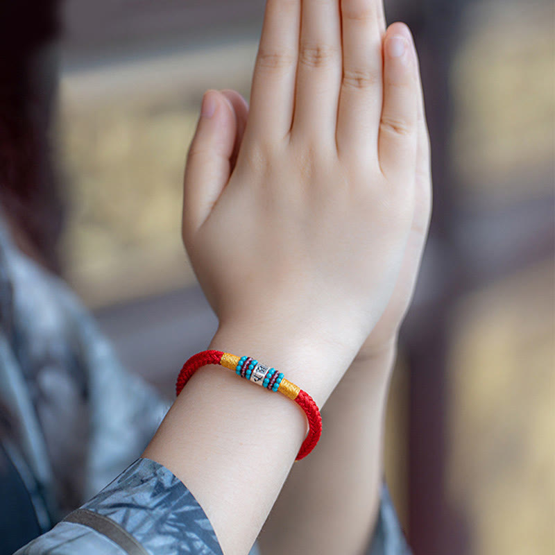 Buddhist Blessing Red String Black String Six True Words 925 Sterling Silver Connection Bracelet