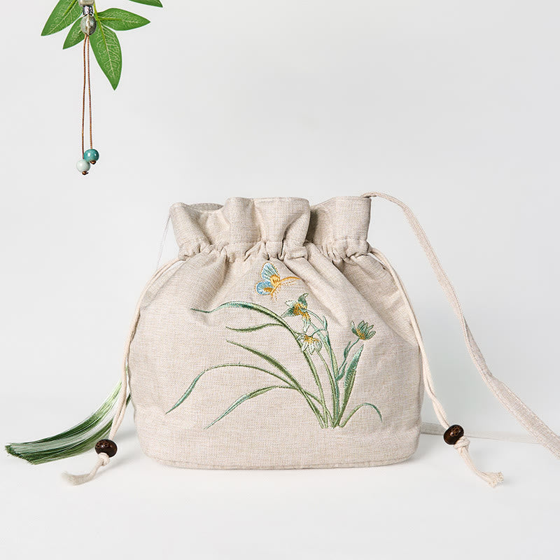 Buddhist Blessing Embroidered Beige Orchid Grass Cotton Linen Crossbody Bag Shoulder Bag