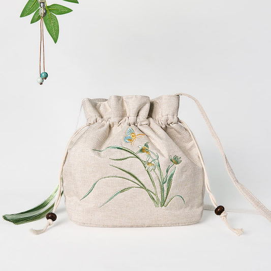 Buddhist Blessing Embroidered Beige Orchid Grass Cotton Linen Crossbody Bag Shoulder Bag