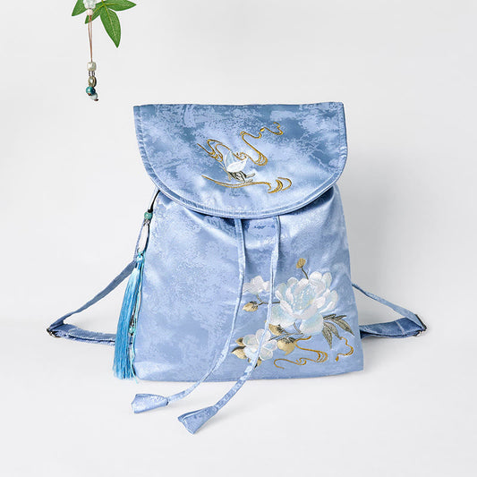 Buddhist Blessing Handmade Blue Camellia Embroidered Large Capacity Polyester Cotton Backpack