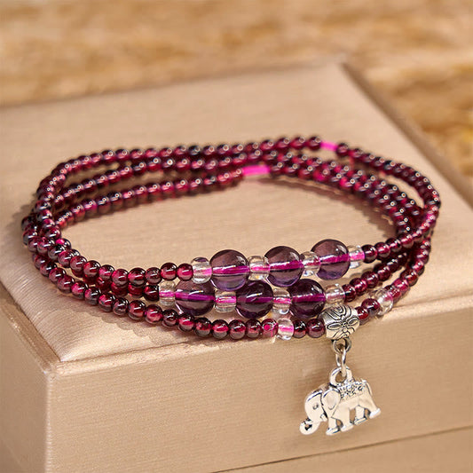 Buddhist Blessing Natural Garnet Elephant Abacus Lucky Bag PiXiu Protection Triple Wrap Bracelet
