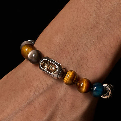 Buddhist Blessing Silver Sheen Obsidian Tiger Eye Om Mani Padme Hum Three-Faced Buddha Positive Bracelet