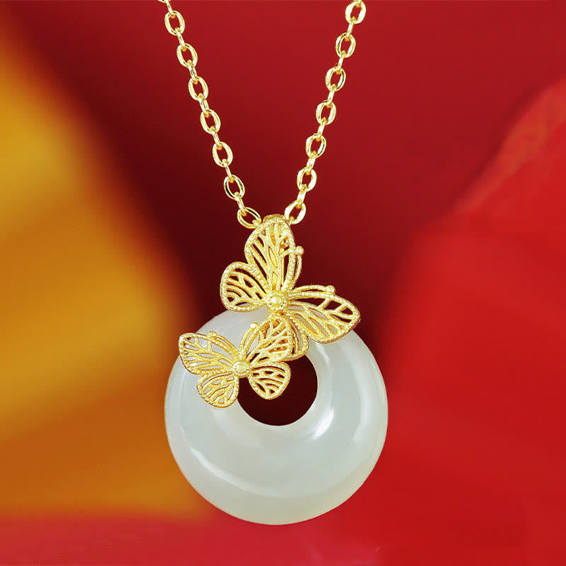 Buddhist Blessing 925 Sterling Silver Natural Hetian Jade Butterfly Prosperity Necklace Pendant