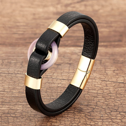 Buddhist Blessing Round Green Aventurine Black Onyx Hematite Agate Rose Quartz Stone Balance Leather Magnetic Buckle Bracelet