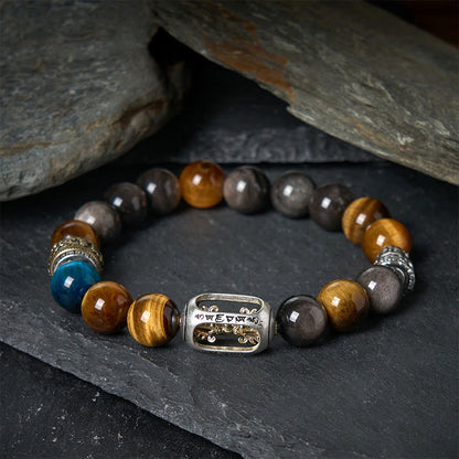 Buddhist Blessing Silver Sheen Obsidian Tiger Eye Om Mani Padme Hum Three-Faced Buddha Positive Bracelet