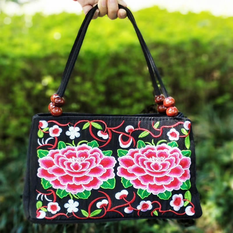 Buddhist Blessing Galsang Inula Flower Peony Peacock Double-Sided Embroidery Canvas Shopping Purse Handbag