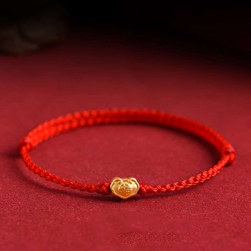 Buddhist Blessing 999 Gold Chinese Lock Charm Fu Character Protection Handmade Rope Bracelet