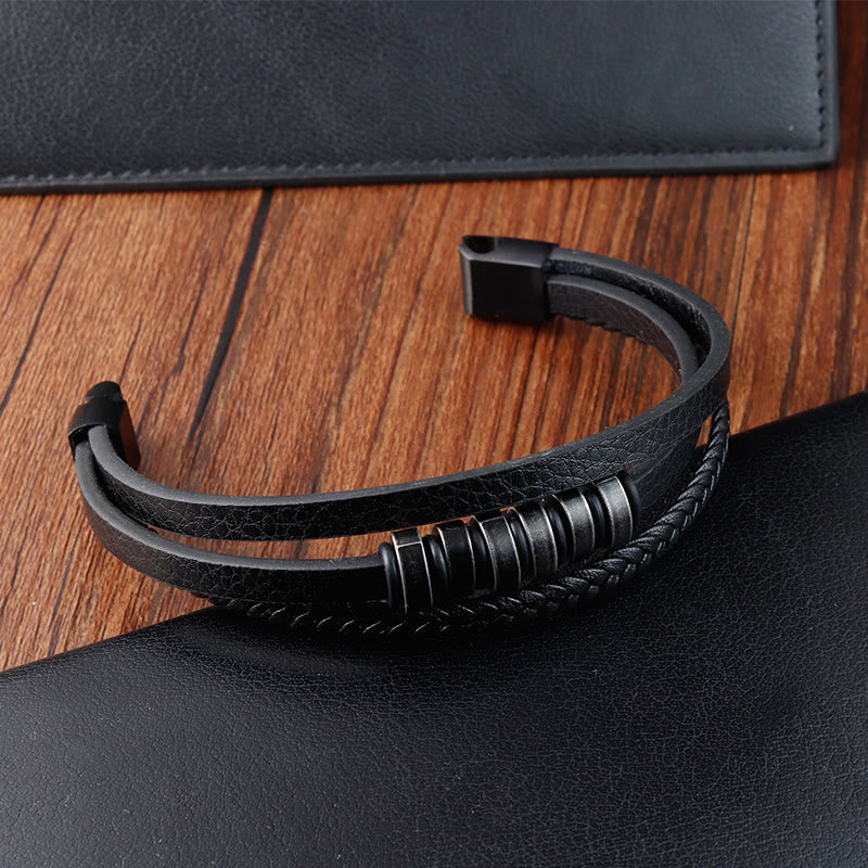 Buddhist Blessing Simple Titanium Steel Braided Three-layer Leather Buckle Calm Bracelet