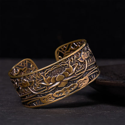 Buddhist Blessing Hollow Lotus Silver Plated Copper Healing Enlightenment Bracelet Bangle