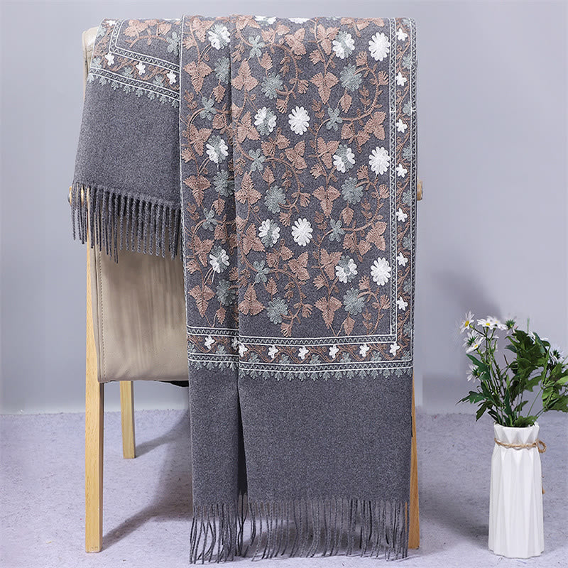 Buddhist Blessing Polyester Shawl Cashew Flowers Embroidery Tassel Winter Cozy Travel Scarf Wrap