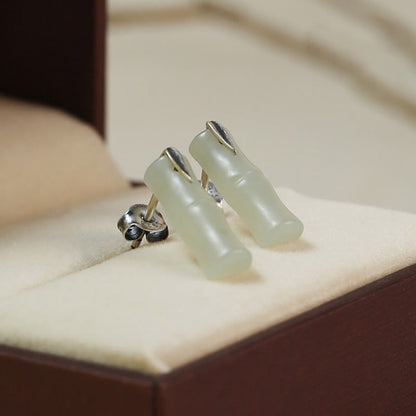Buddhist Blessing Bamboo Hetian Jade 925 Sterling Silver Leaf Wealth Earrings