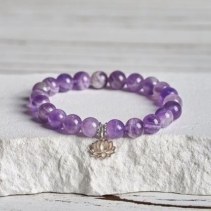 Buddhist Blessing 925 Sterling Silver Amethyst Lotus Design Natural Balance Bead Bracelet