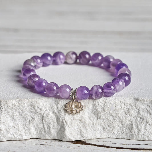 Buddhist Blessing 925 Sterling Silver Amethyst Lotus Design Natural Balance Bead Bracelet