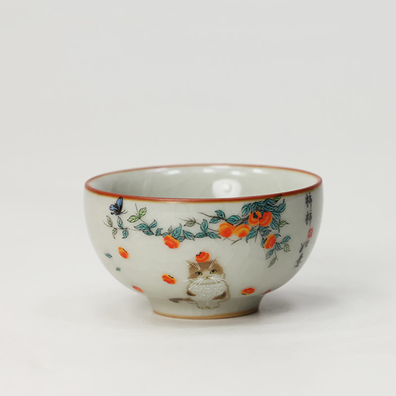 Buddhist Blessing Cute Cat Butterfly Teacup Kung Fu Tea Cup