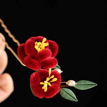 Buddhist Blessing Classical Chinese Style Red Flower Blue Butterfly Hairpin Hair Clip Hair Comb Barrette