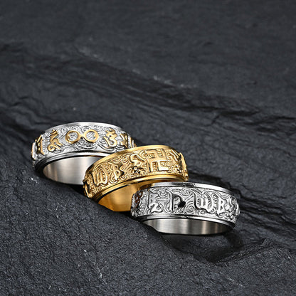 Buddhist Blessing Six True Words Balance Calm Titanium Steel Ring (Extra 30% Off | USE CODE: FS30)