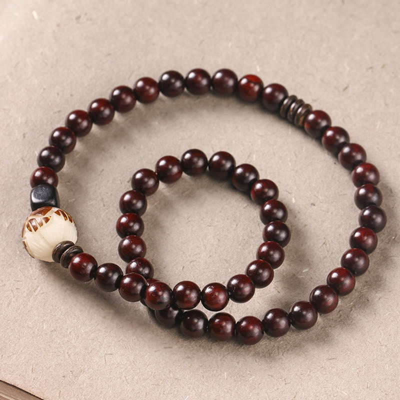 Buddhist Blessing Small Leaf Red Sandalwood Lotus Bodhi Seed Carved Protection Double Wrap Bracelet