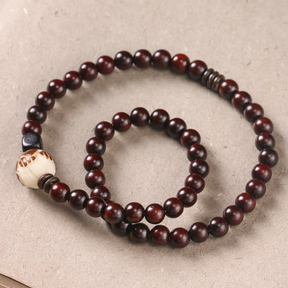 Buddhist Blessing Small Leaf Red Sandalwood Lotus Bodhi Seed Carved Protection Double Wrap Bracelet