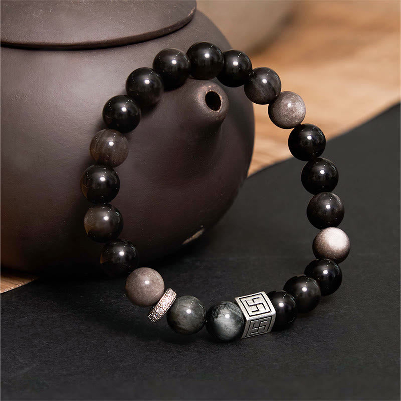 Buddhist Blessing Black Obsidian Eagle's Eye Stone Strength Courage Bracelet