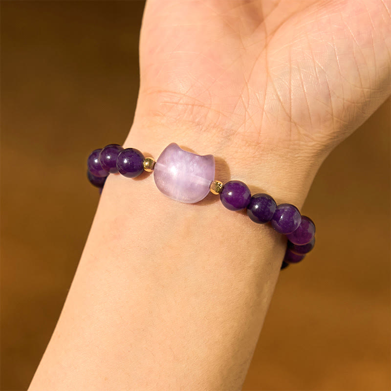 Buddhist Blessing Amethyst Green Aventurine Rose Quartz Fluorite Cat Head Balance Luck Bracelet