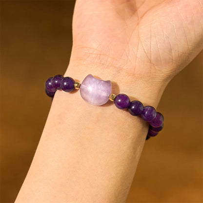 Buddhist Blessing Amethyst Green Aventurine Rose Quartz Fluorite Cat Head Balance Luck Bracelet