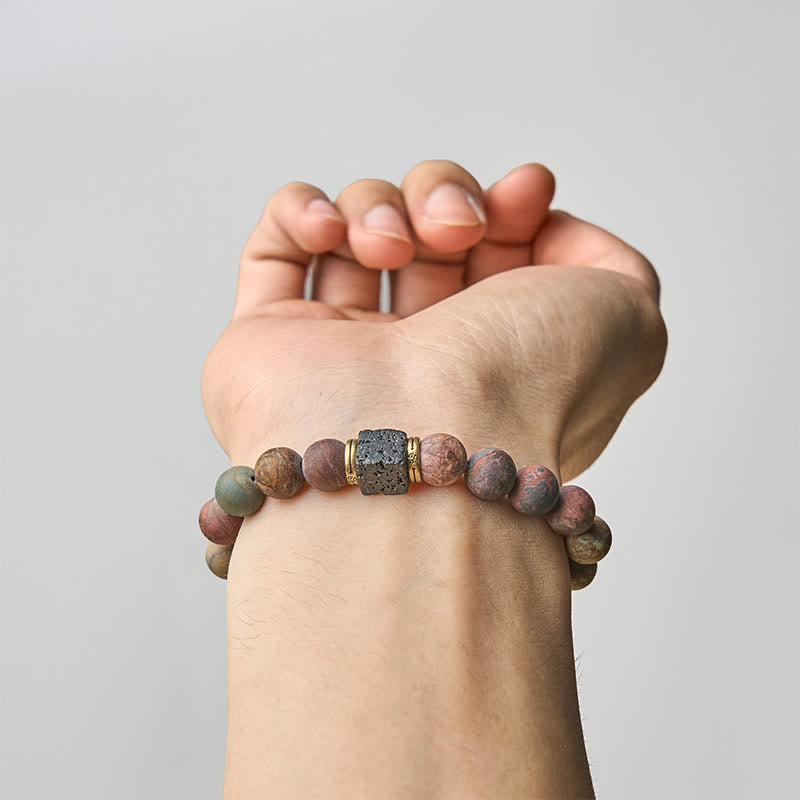 Buddhist Blessing Natural Picasso Jasper Square Lava Rock Positive Bracelet
