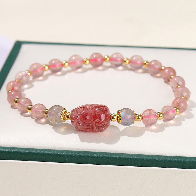 Buddhist Blessing Moonstone Strawberry Quartz Tourmaline PiXiu Healing Bracelet
