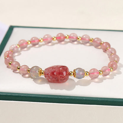 Buddhist Blessing Moonstone Strawberry Quartz Tourmaline PiXiu Healing Bracelet
