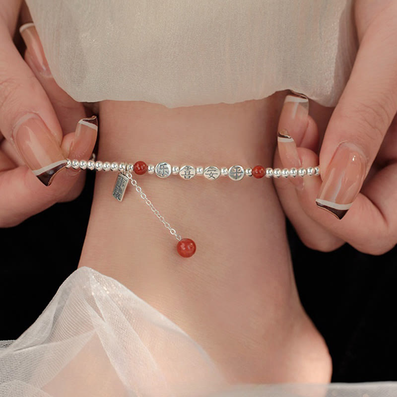 Buddhist Blessing 925 Sterling Silver Small Beads Red Agate Peace And Joy Blessing Anklet