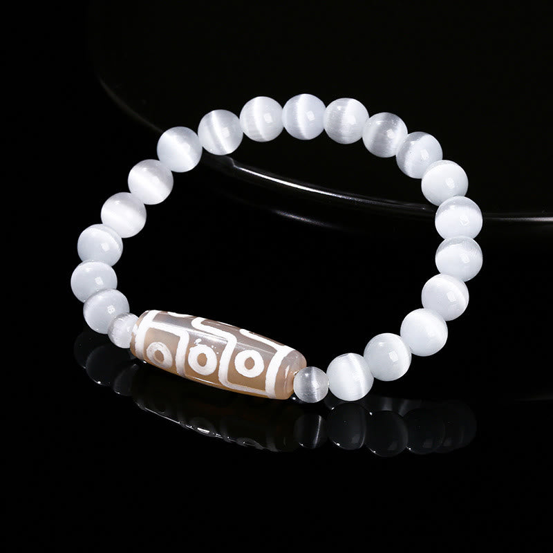 Buddhist Blessing Tibetan Nine-eye Dzi Bead Natural Sandalwood White Cat's Eye Agate Power Protection Bracelet