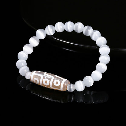Buddhist Blessing Tibetan Nine-eye Dzi Bead Natural Sandalwood White Cat's Eye Agate Power Protection Bracelet