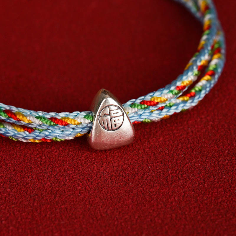 Buddhist Blessing 925 Sterling Silver Fu Character Luck Multicolored Rope Bracelet