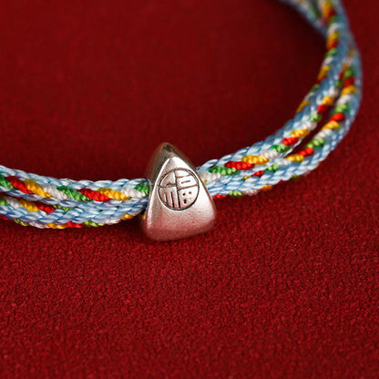 Buddhist Blessing 925 Sterling Silver Fu Character Luck Multicolored Rope Bracelet