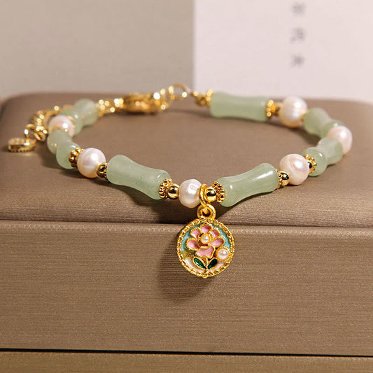 Buddhist Blessing Natural Bamboo Flower Green Aventurine Pearl Balance Bracelet