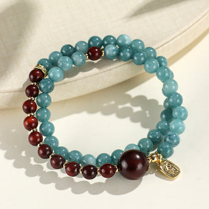 Buddhist Blessing Blue Chalcedony Green Sandalwood Small Leaf Red Sandalwood Double Wrap Emotional Balance Bracelet