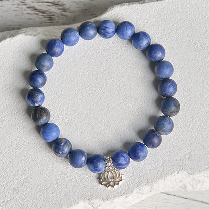 Buddhist Blessing 925 Sterling Silver Lotus Design Natural Sodalite Positive Beads Harmony Bracelet