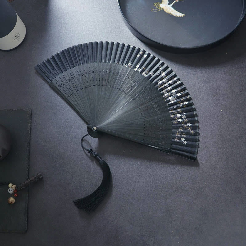 Buddhist Blessing Flower Rabbit Spray Painting Handheld Cotton Linen Fabric Bamboo Folding Fan