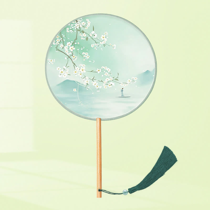Buddhist Blessing Ginkgo Leaf Koi Fish Cherry Blossom Spring Flowers Handheld Wood Handle Fan