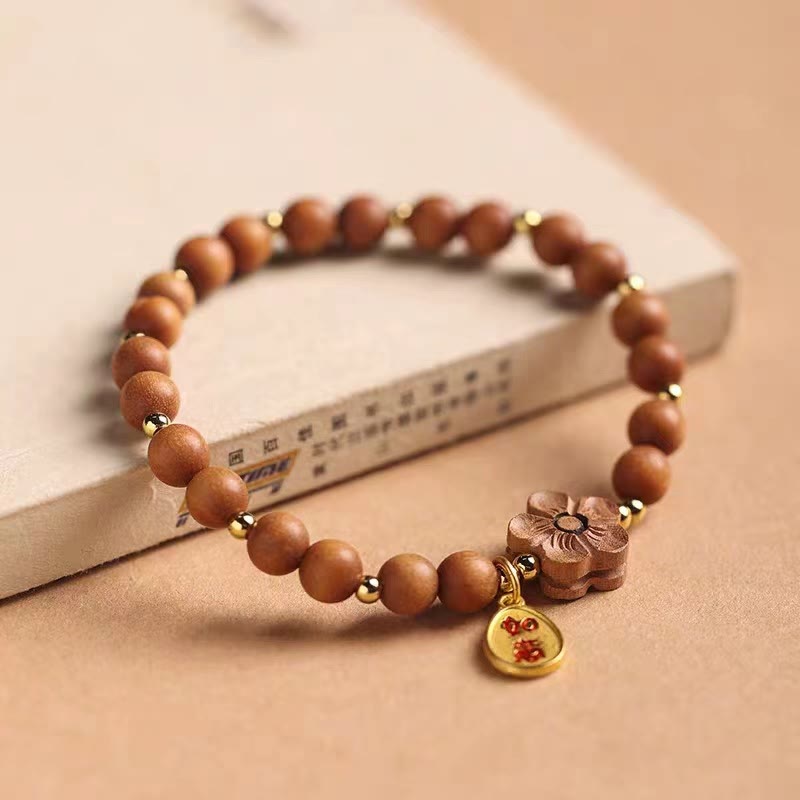 Buddhist Blessing Natural Sandalwood Peach Blossom Small Leaf Red Sandalwood Ruyi Charm Protection Bracelet