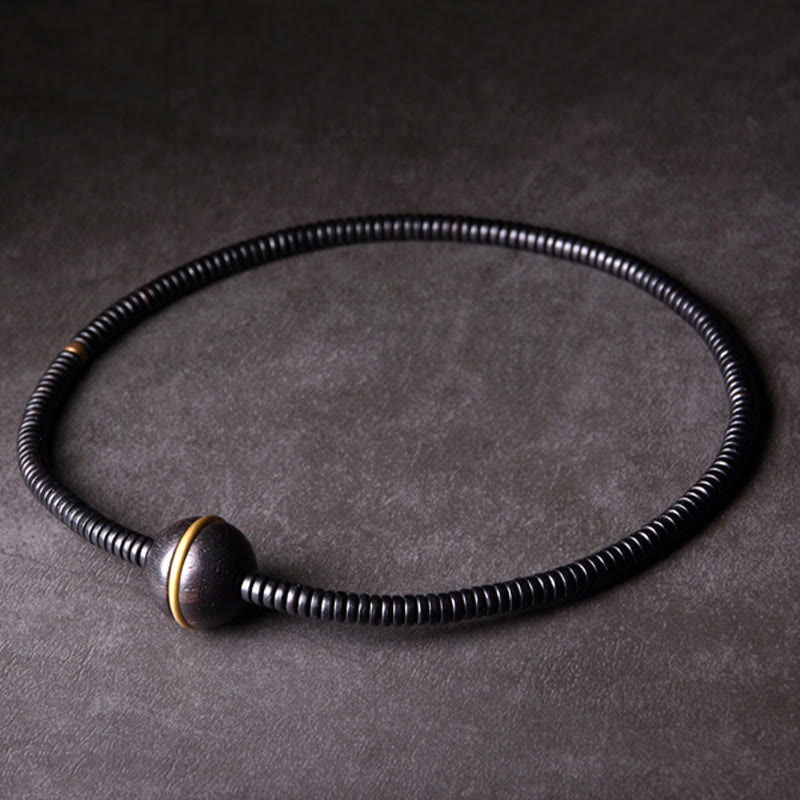 Buddhist Blessing Ebony Wood Copper Brass Balance Ball Cuboid Double Wrap Bracelet Necklace