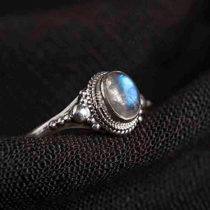 Buddhist Blessing 925 Sterling Silver Natural Moonstone Positive Ring